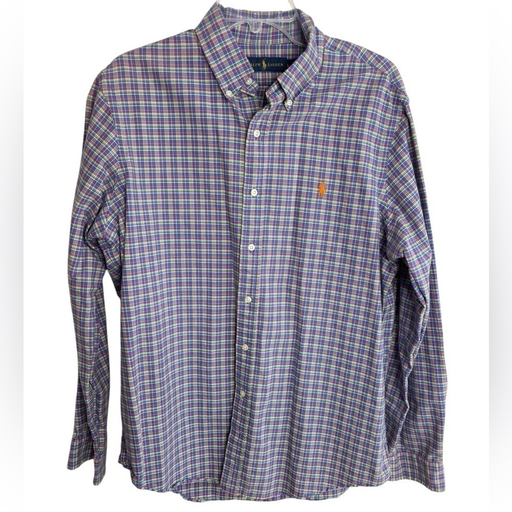 Ralph Lauren Classic Fit Oxford Shirt Plaid Mens Large Preppy Polo Pony Logo EUC